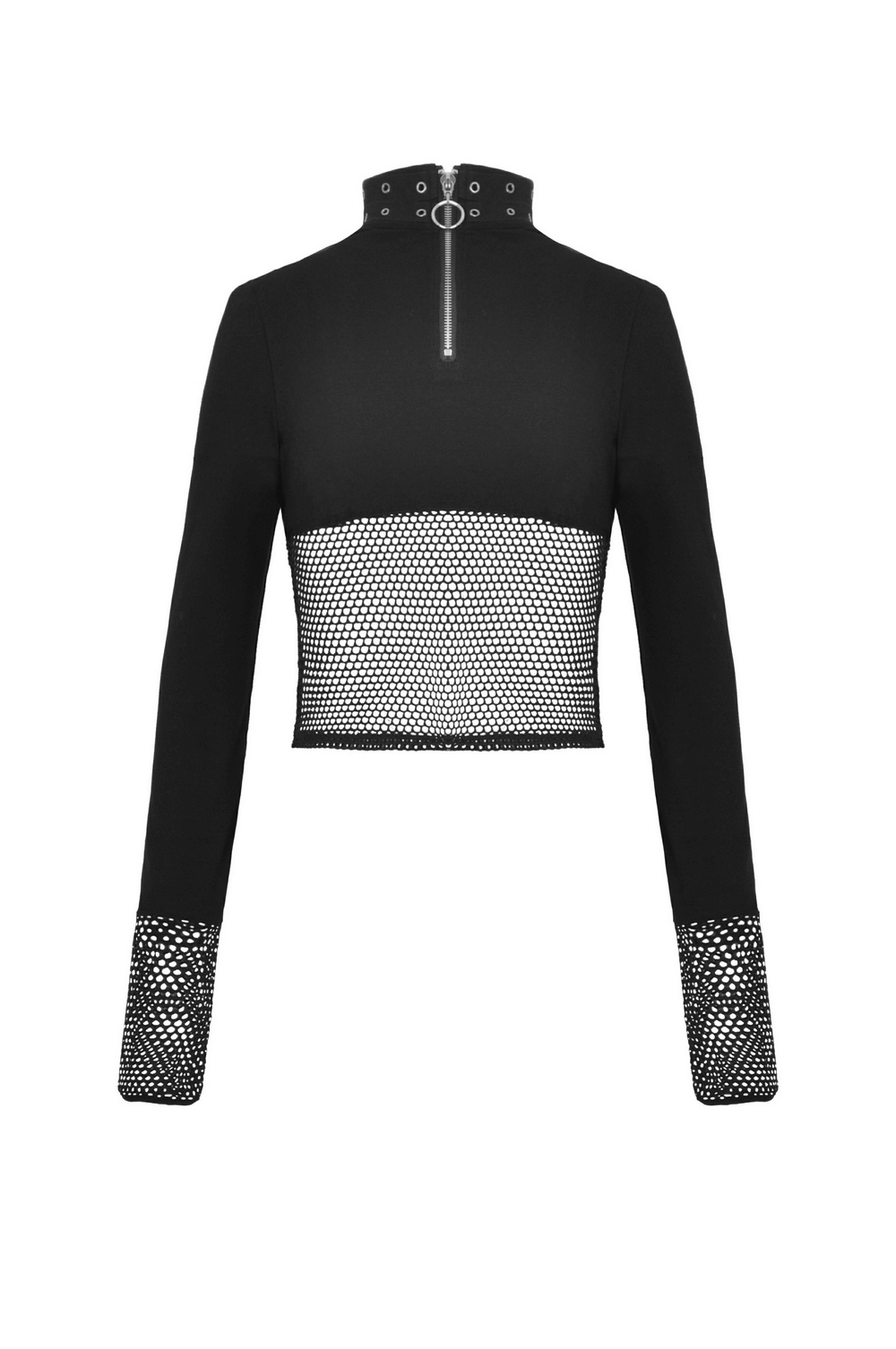 Stylish black crop top with edgy cut-outs and mesh sleeves for a punk-inspired look, featuring studs and a stand collar.