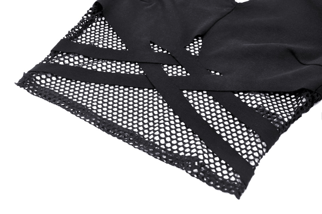 Close-up of stylish black crop top with edgy mesh sleeves and unique cut-out design for a punk-inspired look.