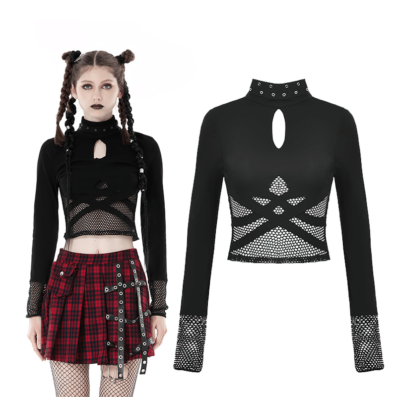 Stylish black crop top with cut-outs and mesh sleeves, perfect for punk-inspired outfits.