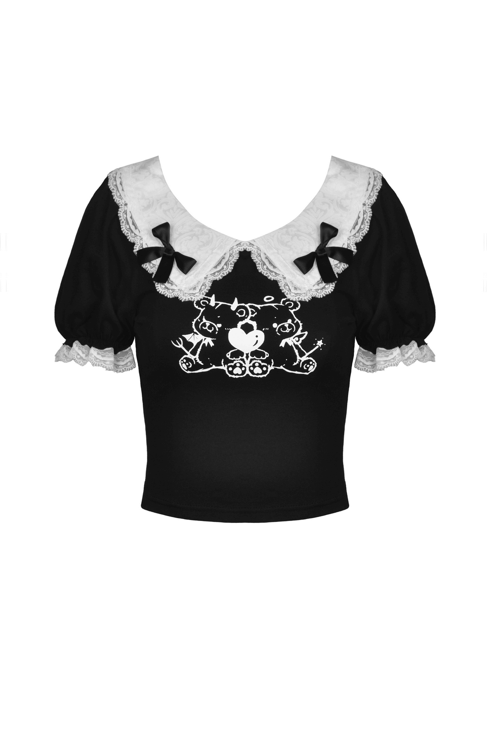 Stylish black crop top with white scalloped lace collar and cute bow details. Perfect for a gothic romantic look.