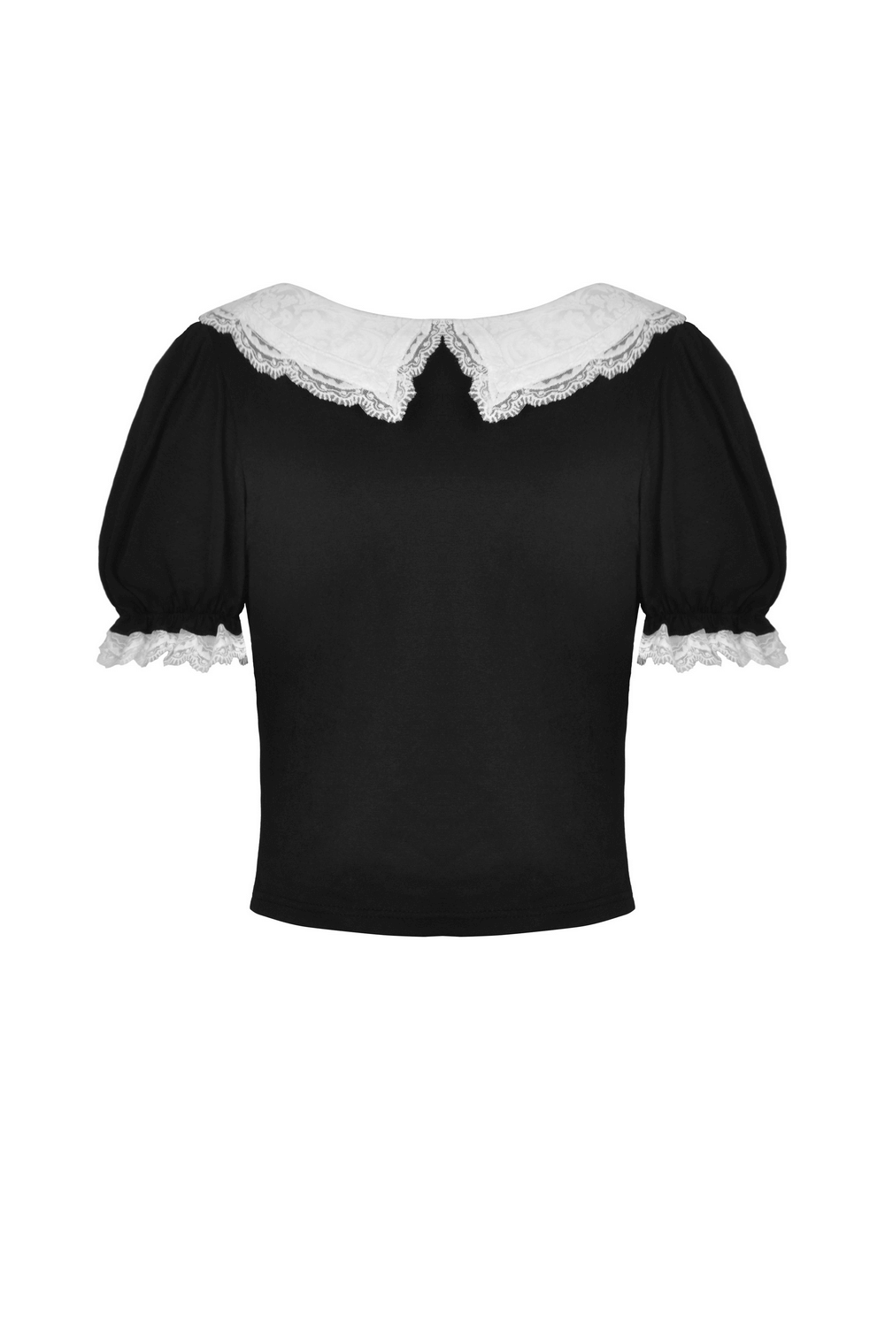 Back view of stylish black crop top featuring a white scalloped lace Peter Pan collar, perfect for a gothic-inspired look.