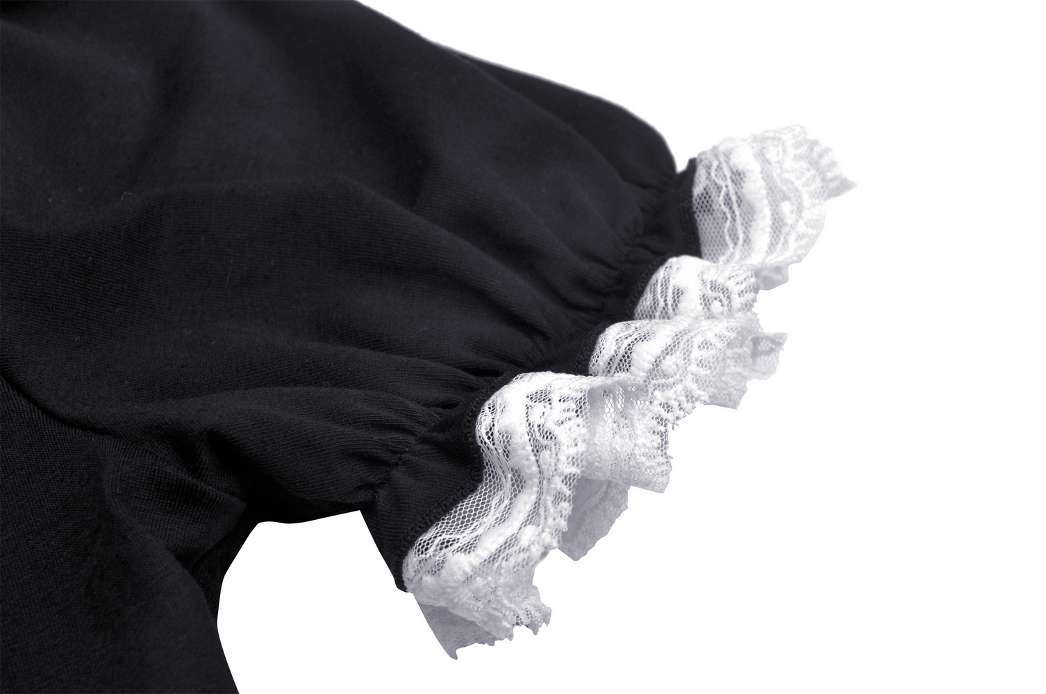 Close-up of black crop top sleeve featuring a delicate white scalloped lace trim.