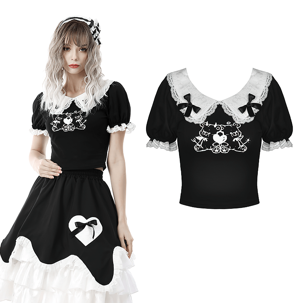 Stylish black crop top with scalloped lace collar and cute graphic, perfect for gothic and Victorian-inspired outfits.