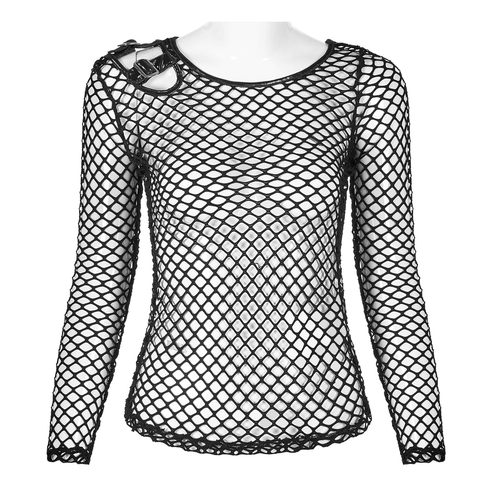 Stylish black cyberpunk mesh top with buckle detail, featuring shoulder cut-outs for a bold punk look.