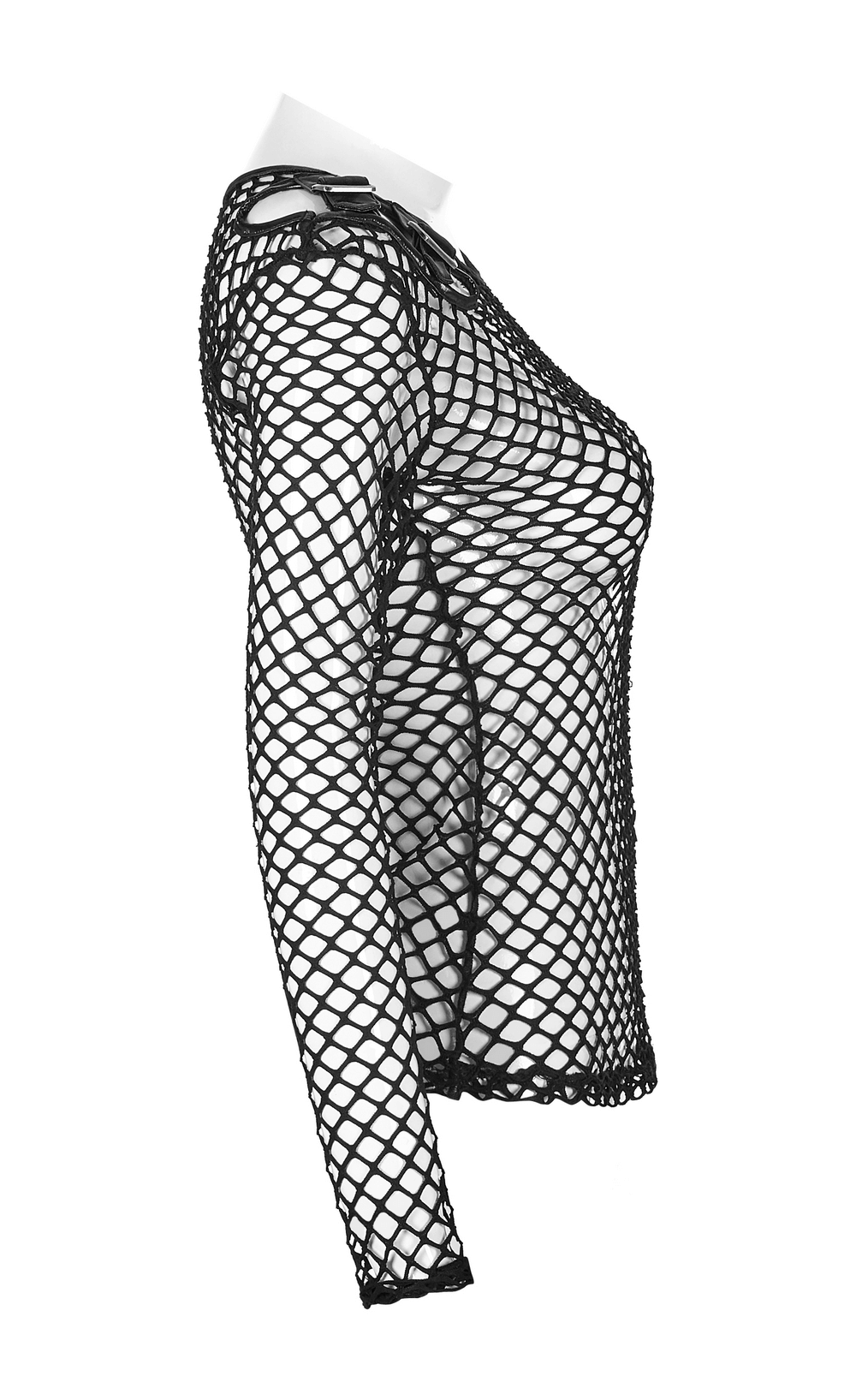 Stylish black cyberpunk mesh top with buckles and shoulder cut-outs, perfect for edgy nighttime outfits.
