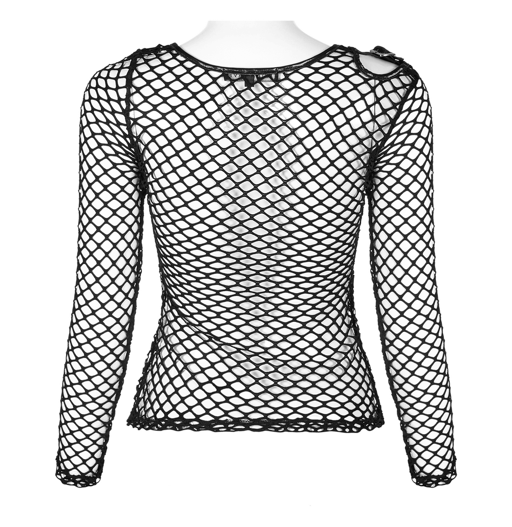 Stylish black mesh cyberpunk top with buckles and shoulder cut-outs, perfect for a bold punk look.
