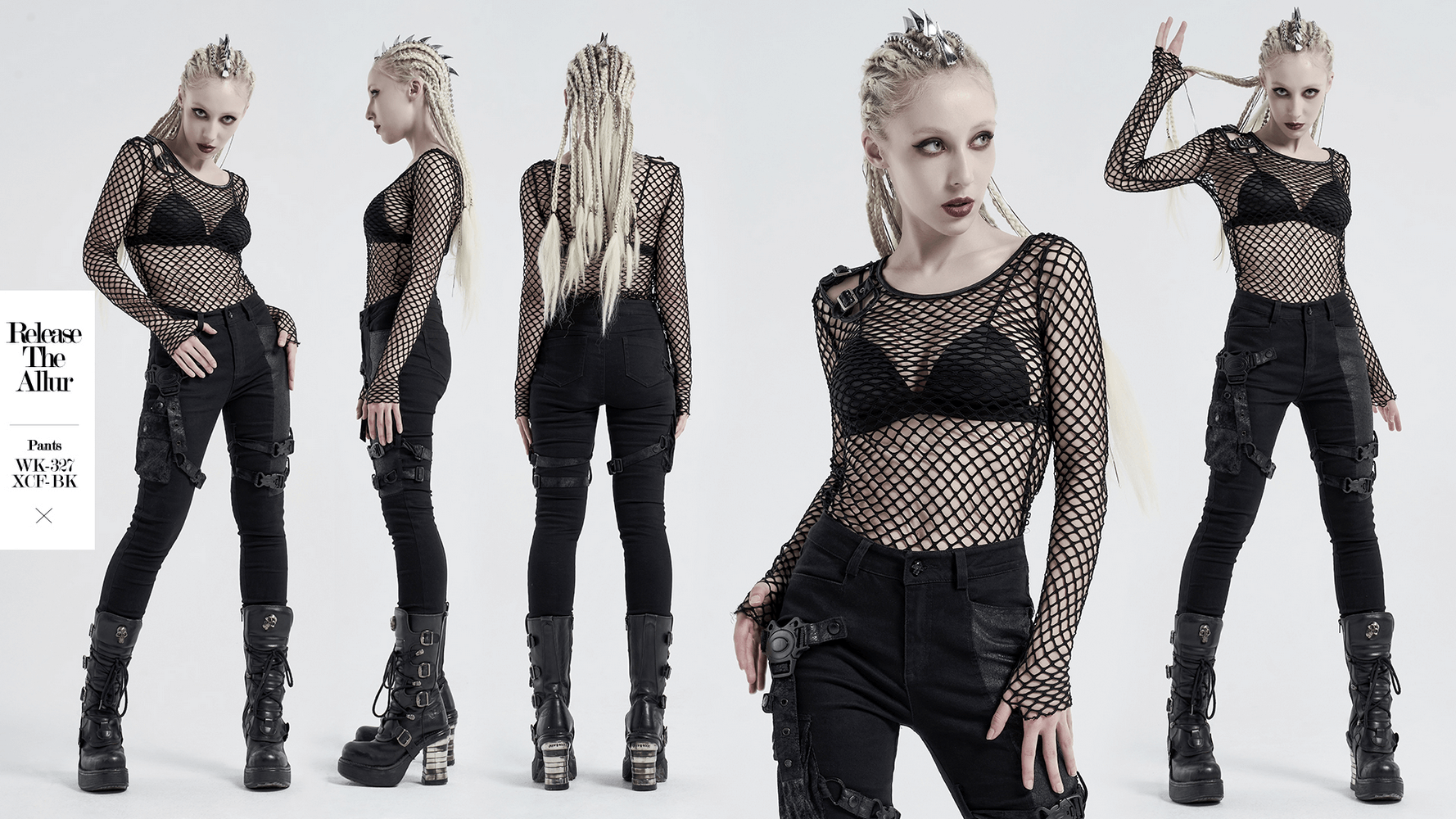 Stylish black cyberpunk mesh top featuring bold buckles and a fierce look, perfect for an edgy night out.