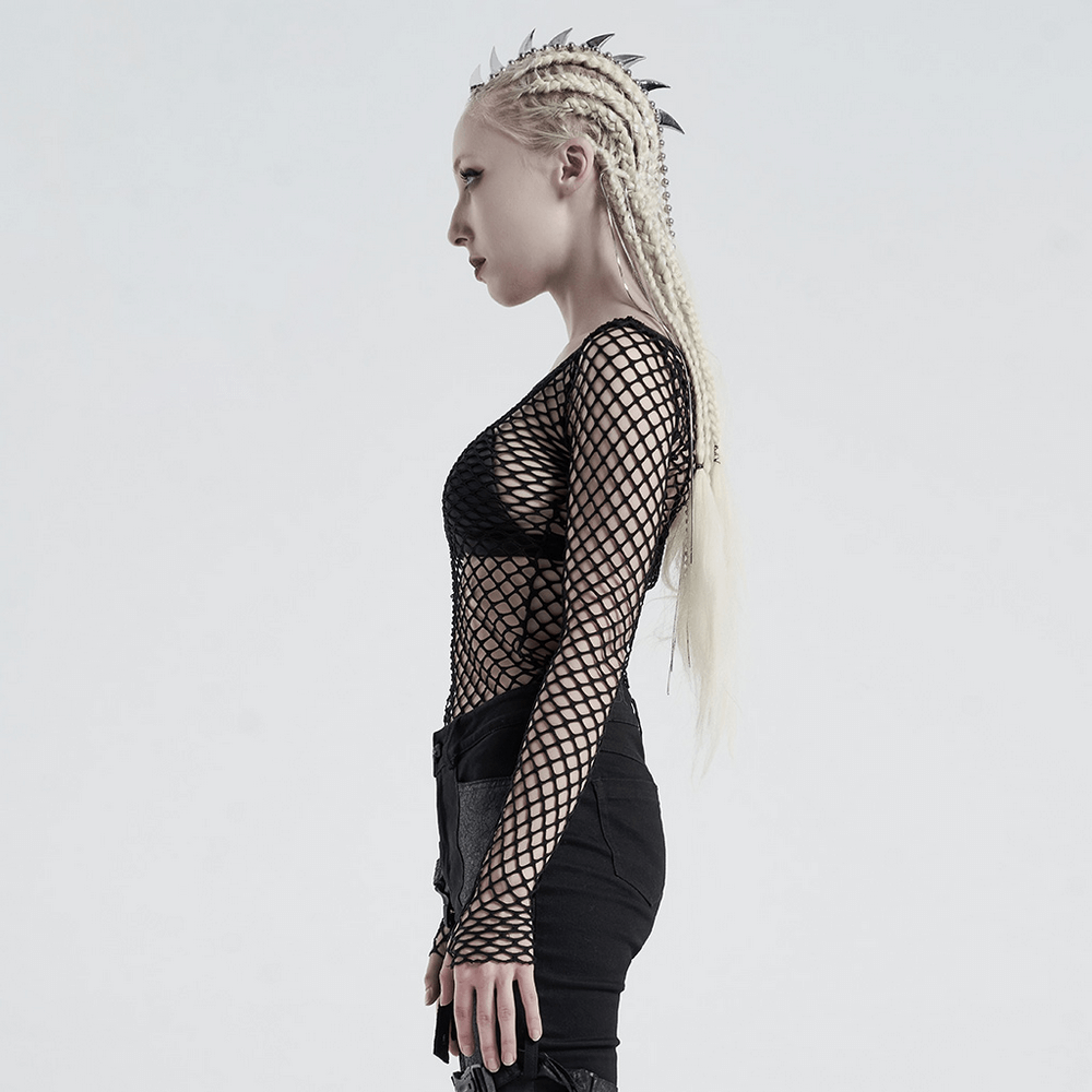 Stylish black fishnet mesh top with cut-outs and buckles, showcasing punk fashion for a bold, edgy look.