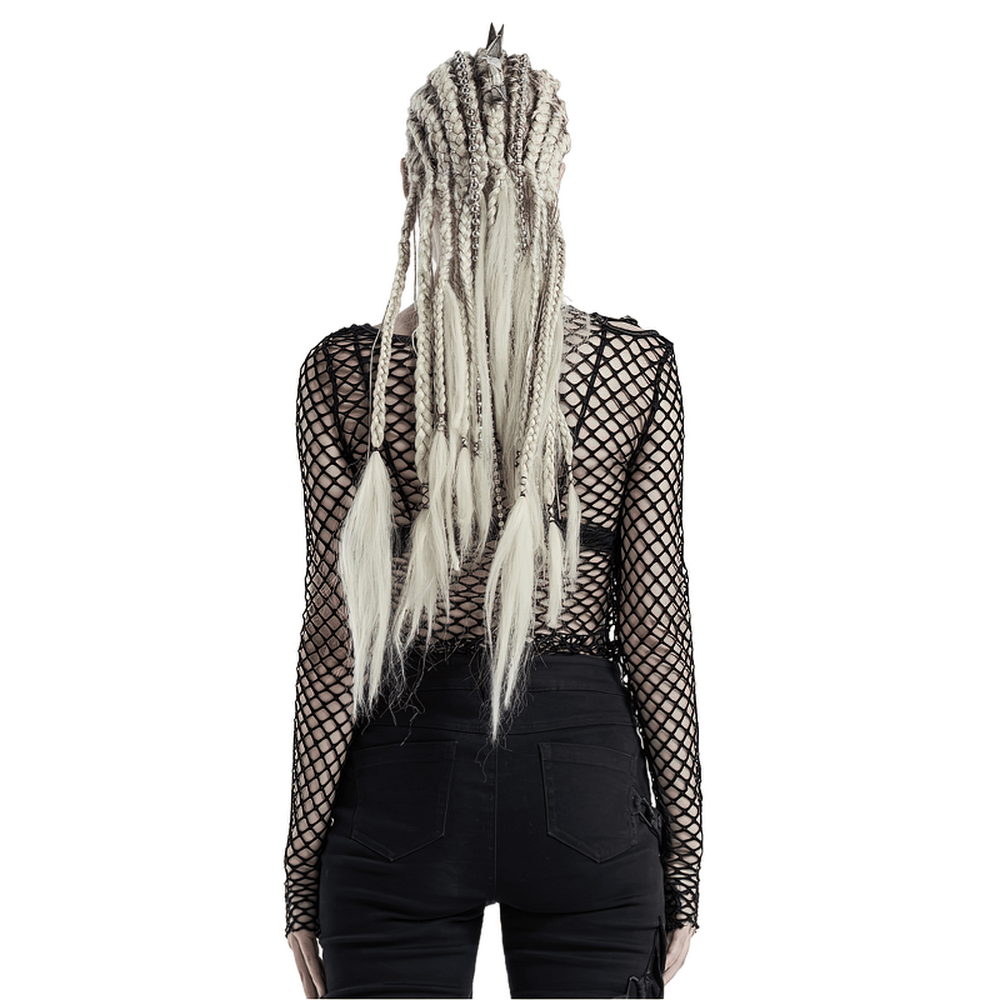 Back view of a model in a stylish black mesh top with intricate braid hairstyle and edgy look.