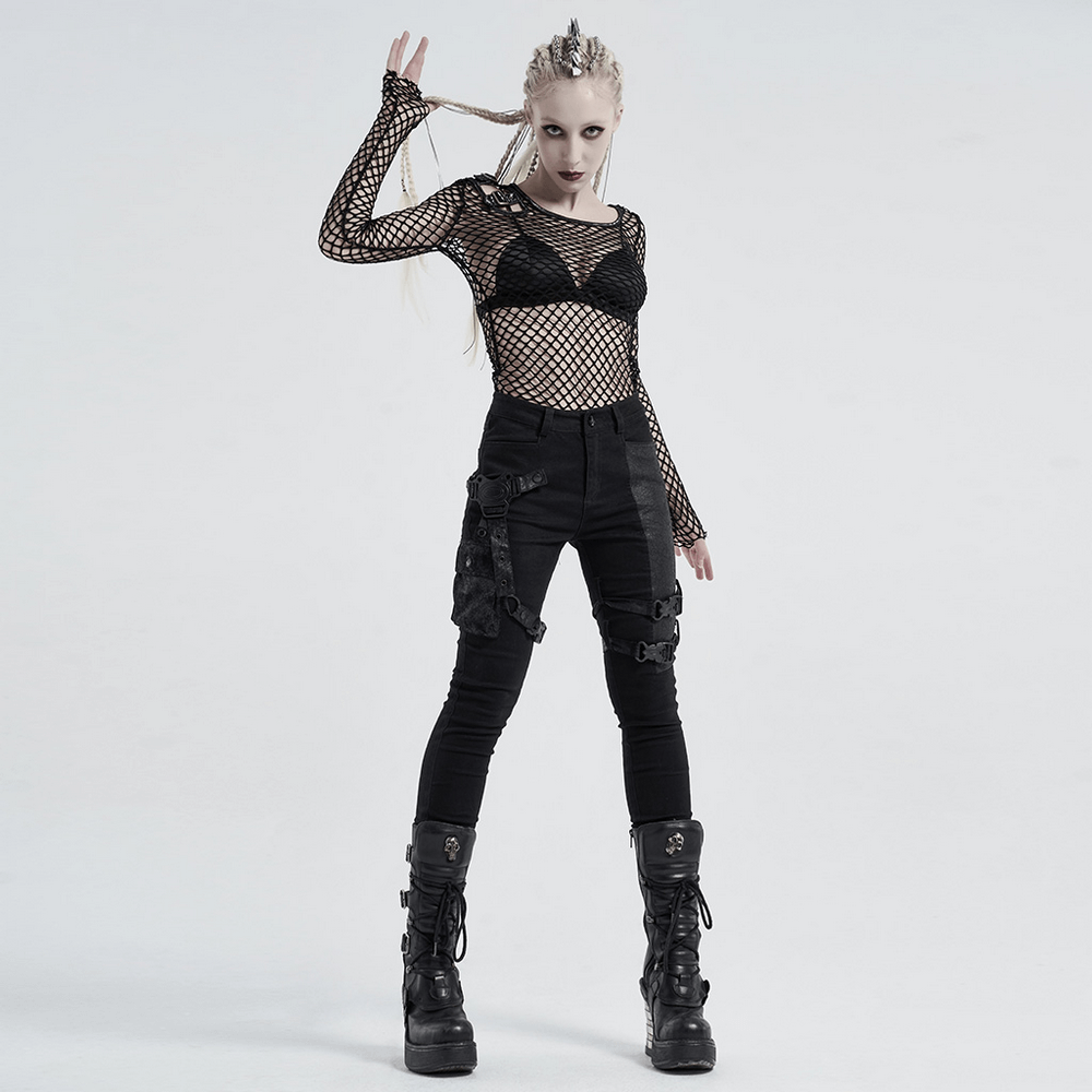 Edgy black cyberpunk mesh top with buckles, showcasing punk style and attitude. Ideal for bold fashion lovers.