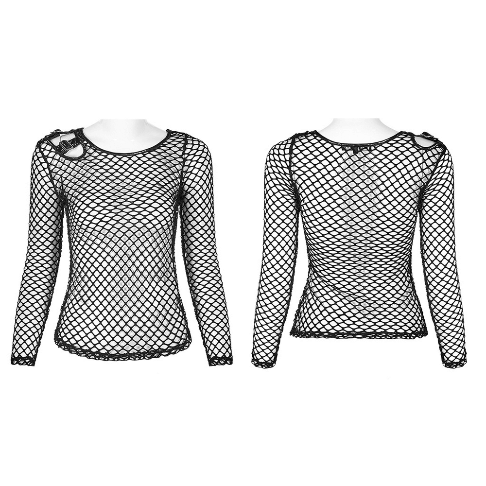 Stylish black fishnet mesh top with buckles and shoulder cut-outs, perfect for a punk-inspired look.