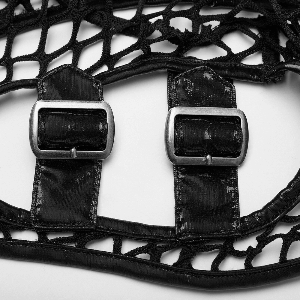 Close-up of stylish black mesh top featuring bold silver buckles for a cyberpunk look.