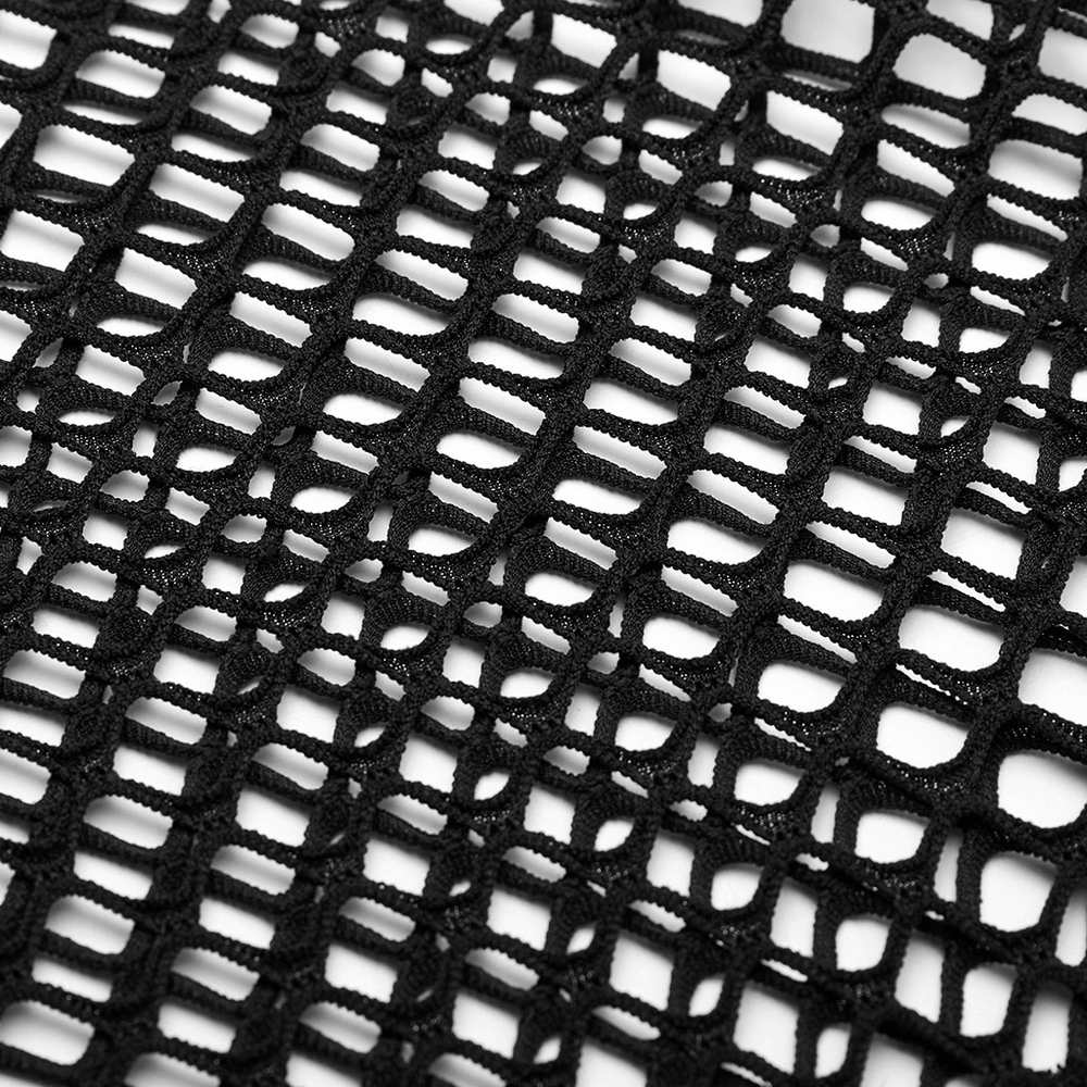 Close-up of stylish black fishnet mesh fabric with intricate patterns, perfect for a cyberpunk-inspired look.