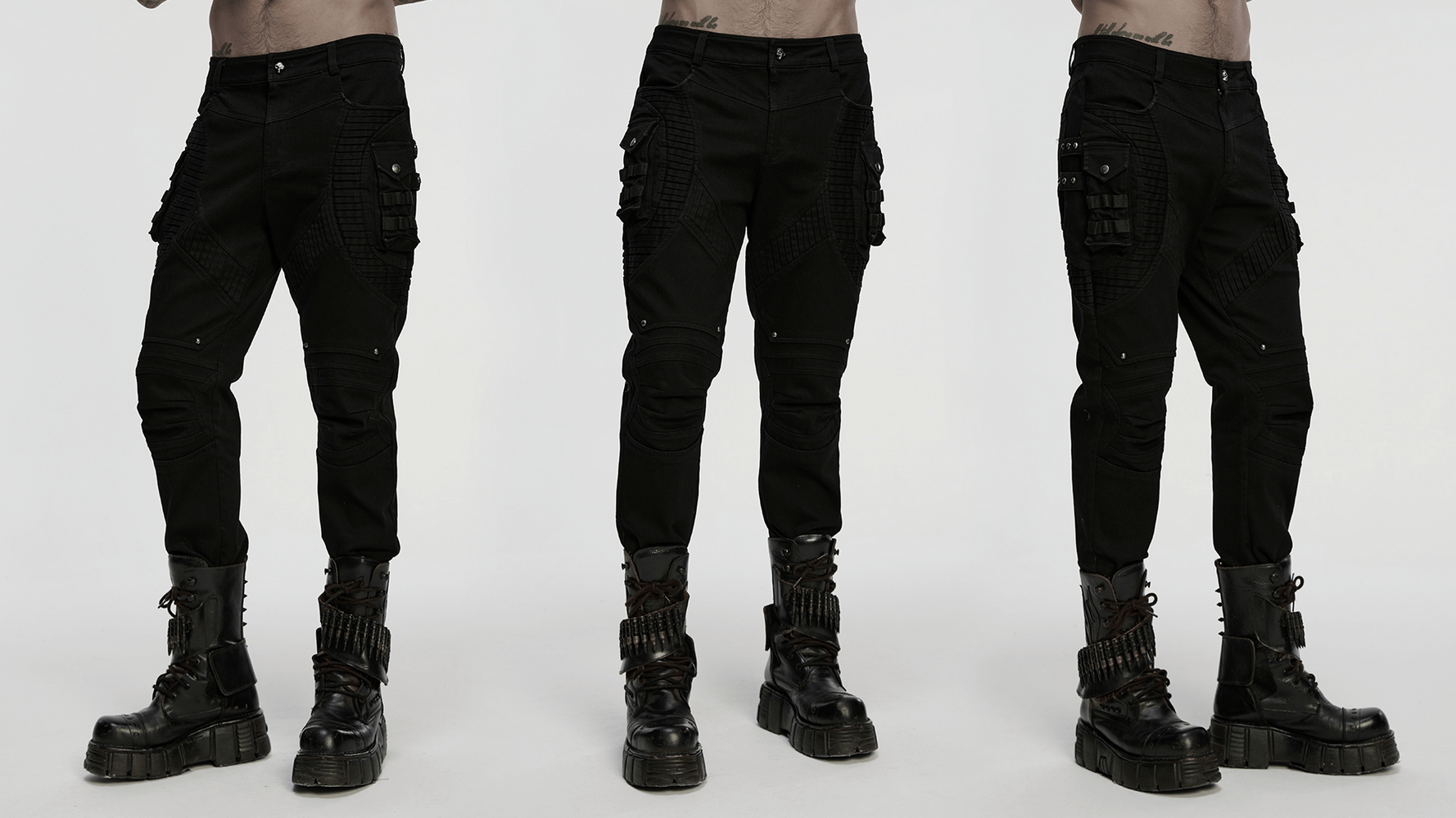 Stylish Black Cyberpunk Pleated Panel Techwear Pants showcased from multiple angles, emphasizing bold design and structure.