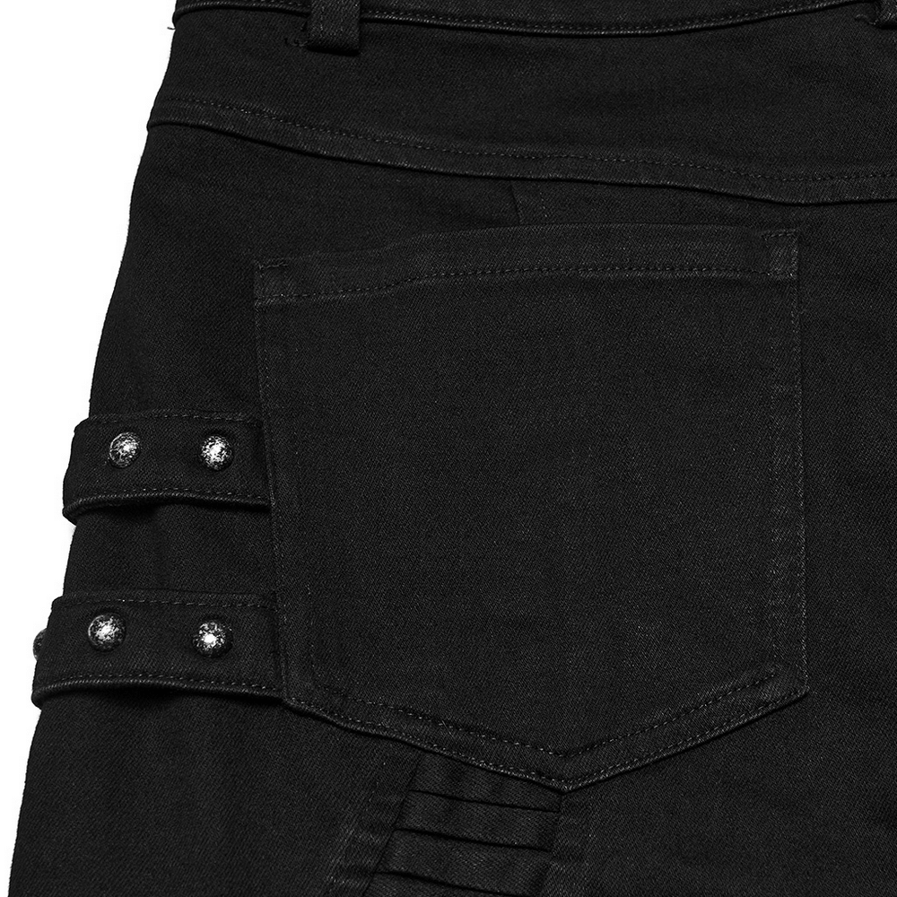 Stylish Black Cyberpunk Pleated Panel Techwear Pants close-up of detailed pocket with studs and pleats.