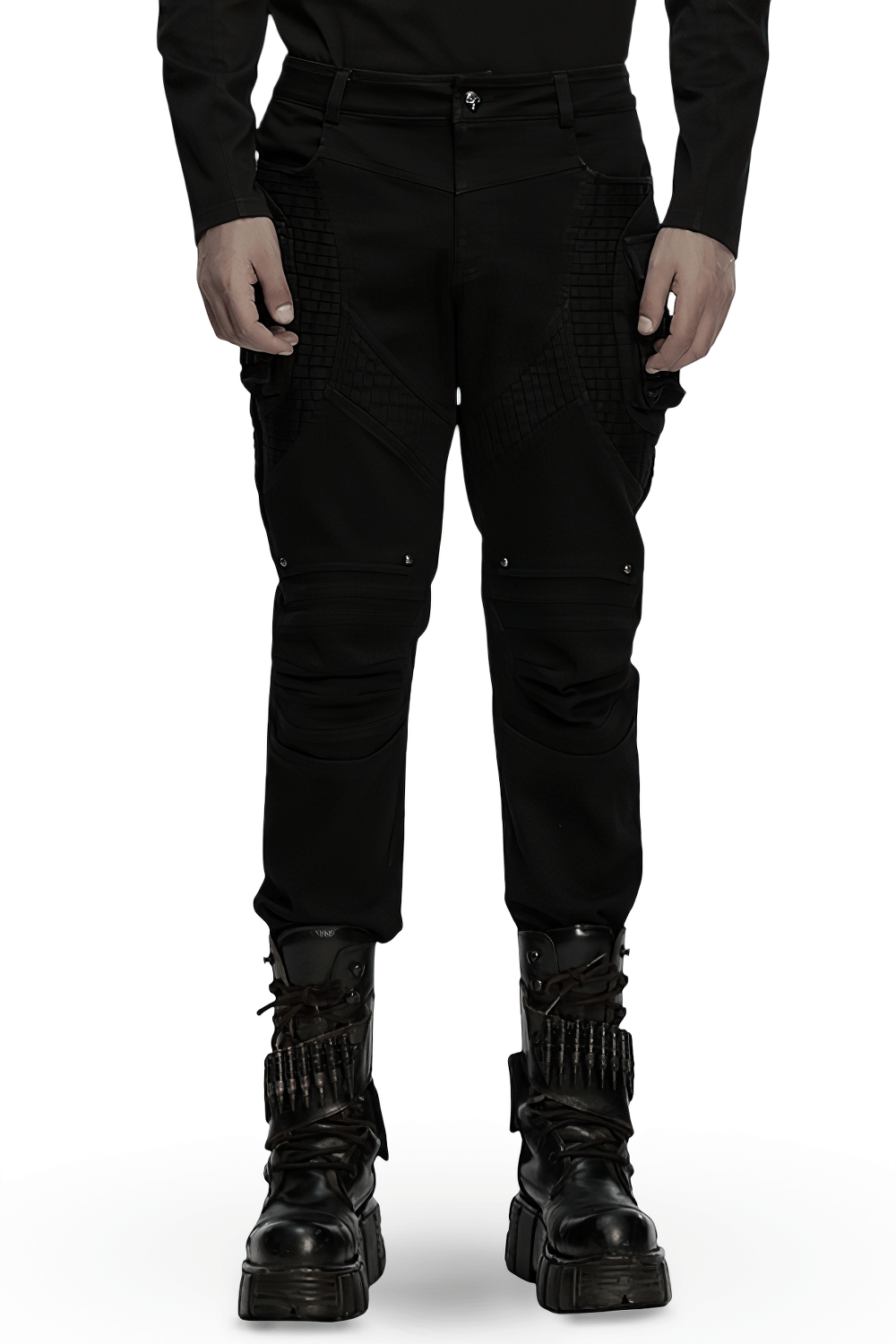 Stylish Black Cyberpunk Pleated Panel Techwear Pants showcased on model, featuring 3D pleats and bold structure.