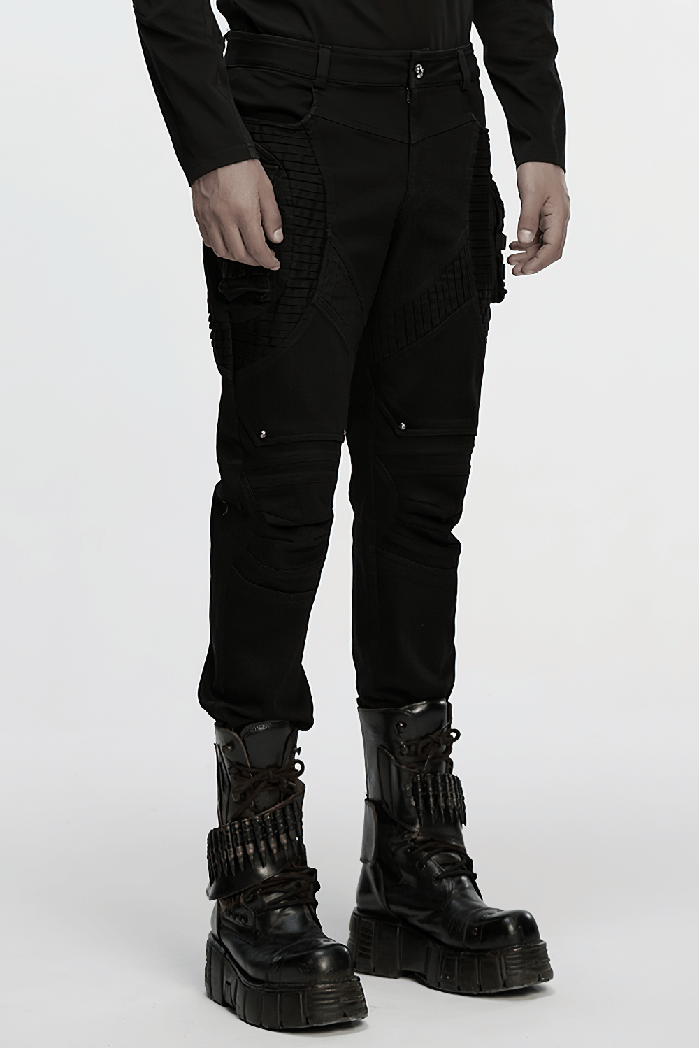 Stylish Black Cyberpunk Pleated Panel Techwear Pants showcasing 3D pleats and bold structure for modern punk style.
