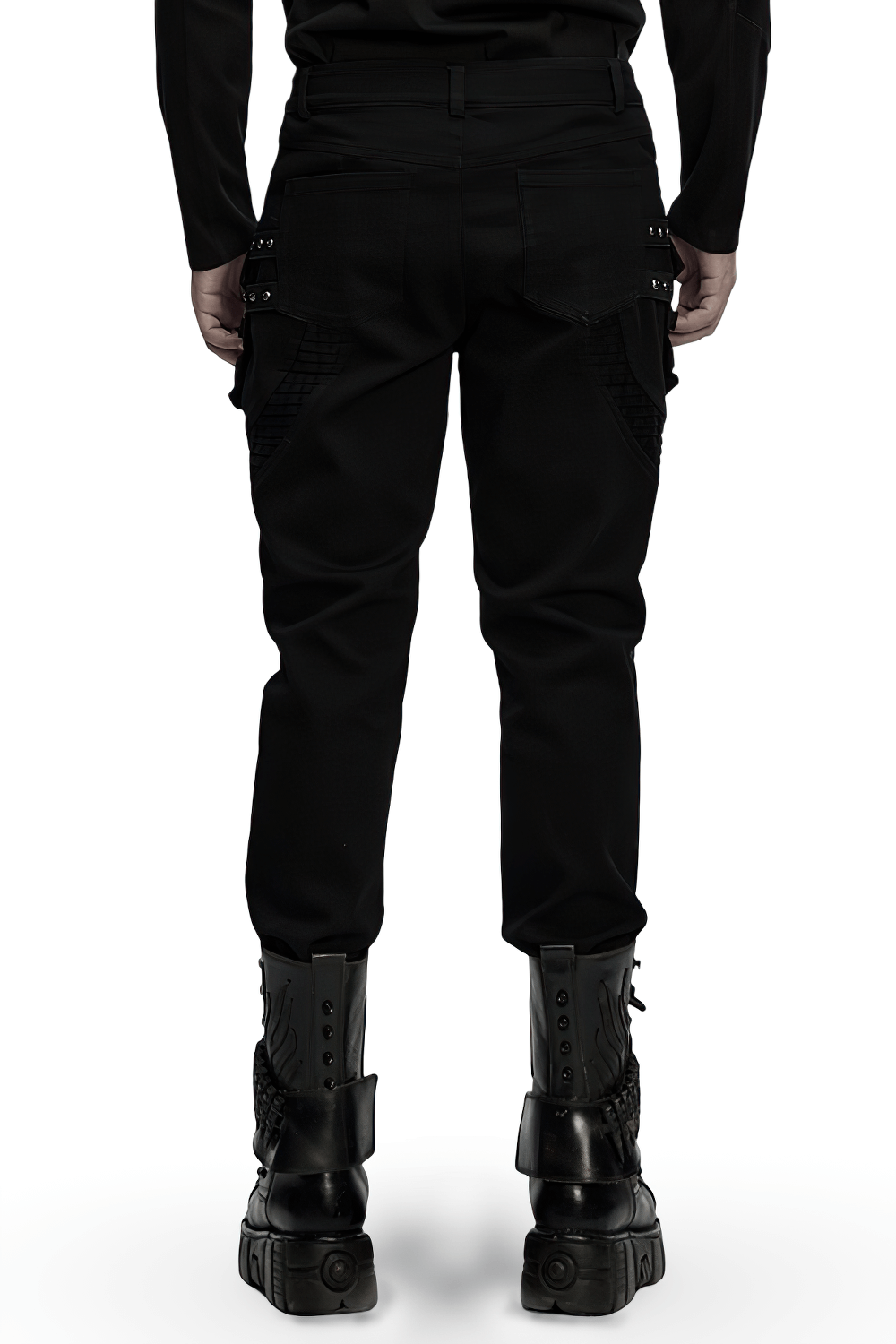 Stylish Black Cyberpunk Pleated Panel Techwear Pants showcasing a bold, structured back view and eye-catching detail.