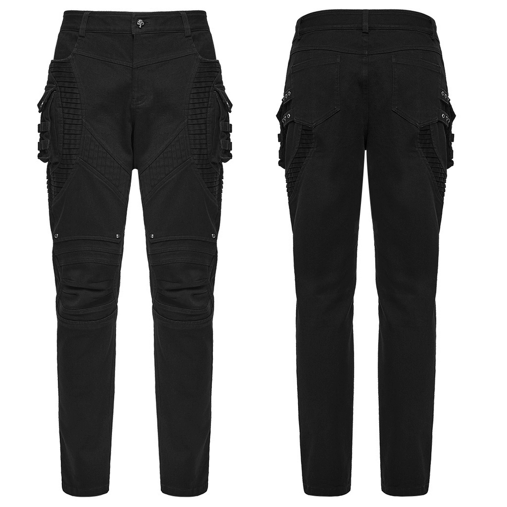 Stylish Black Cyberpunk Pleated Panel Techwear Pants showcasing 3D pleats and bold structure from front and back view.