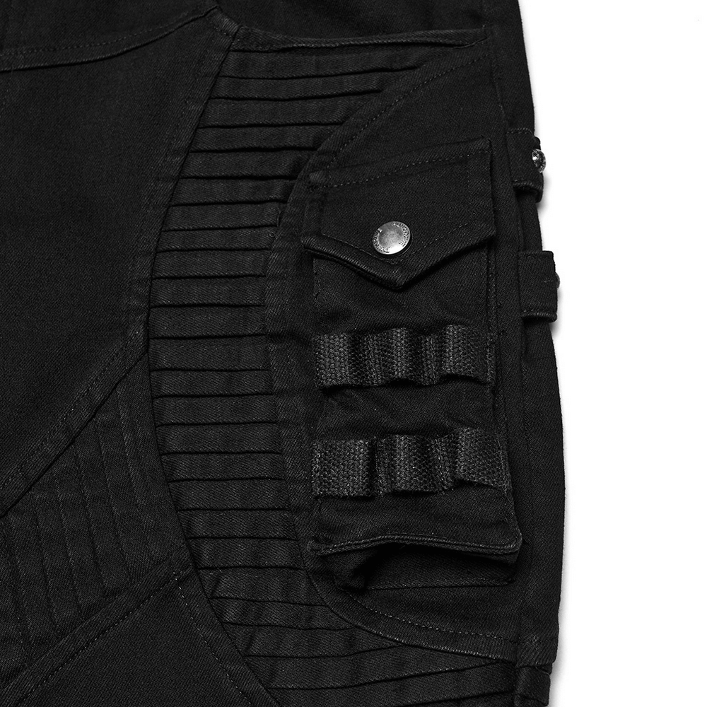 Stylish Black Cyberpunk Pleated Panel Techwear Pants close-up showing detailed 3D pleats and structural paneling.