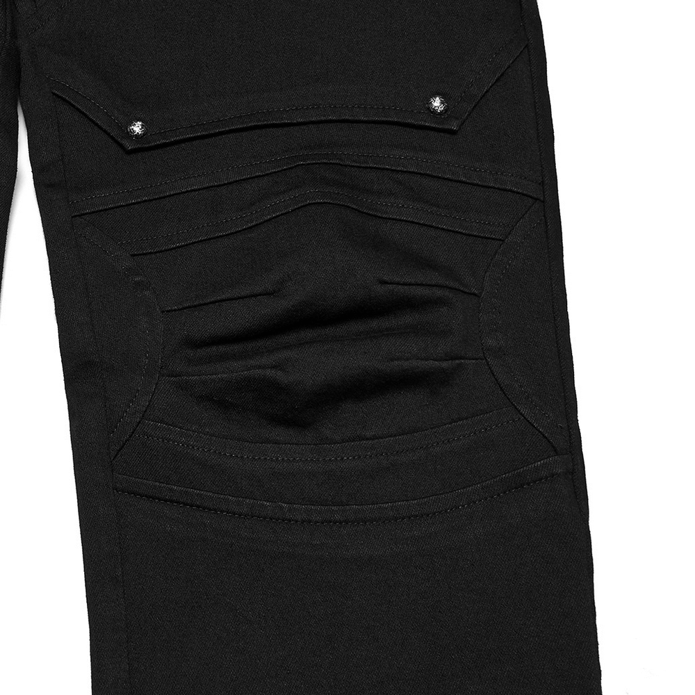 Close-up of Stylish Black Cyberpunk Pleated Panel Techwear Pants showcasing 3D pleats and structural paneling.