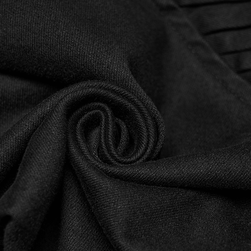 Stylish Black Cyberpunk Pleated Panel Techwear Pants fabric close-up highlighting elastic denim texture.