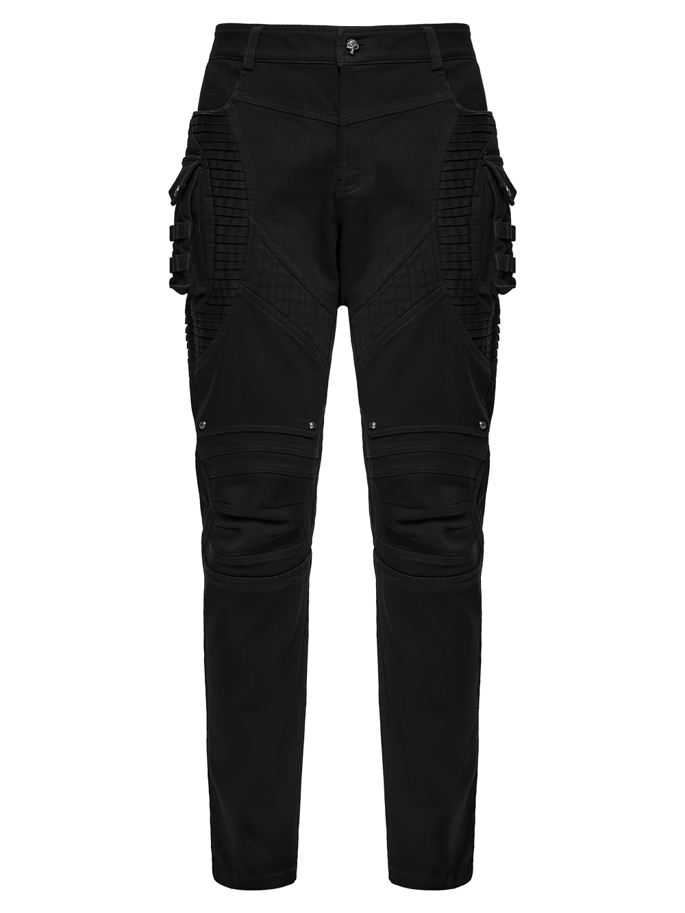 Stylish Black Cyberpunk Pleated Panel Techwear Pants featuring bold 3D pleats and structural paneling.