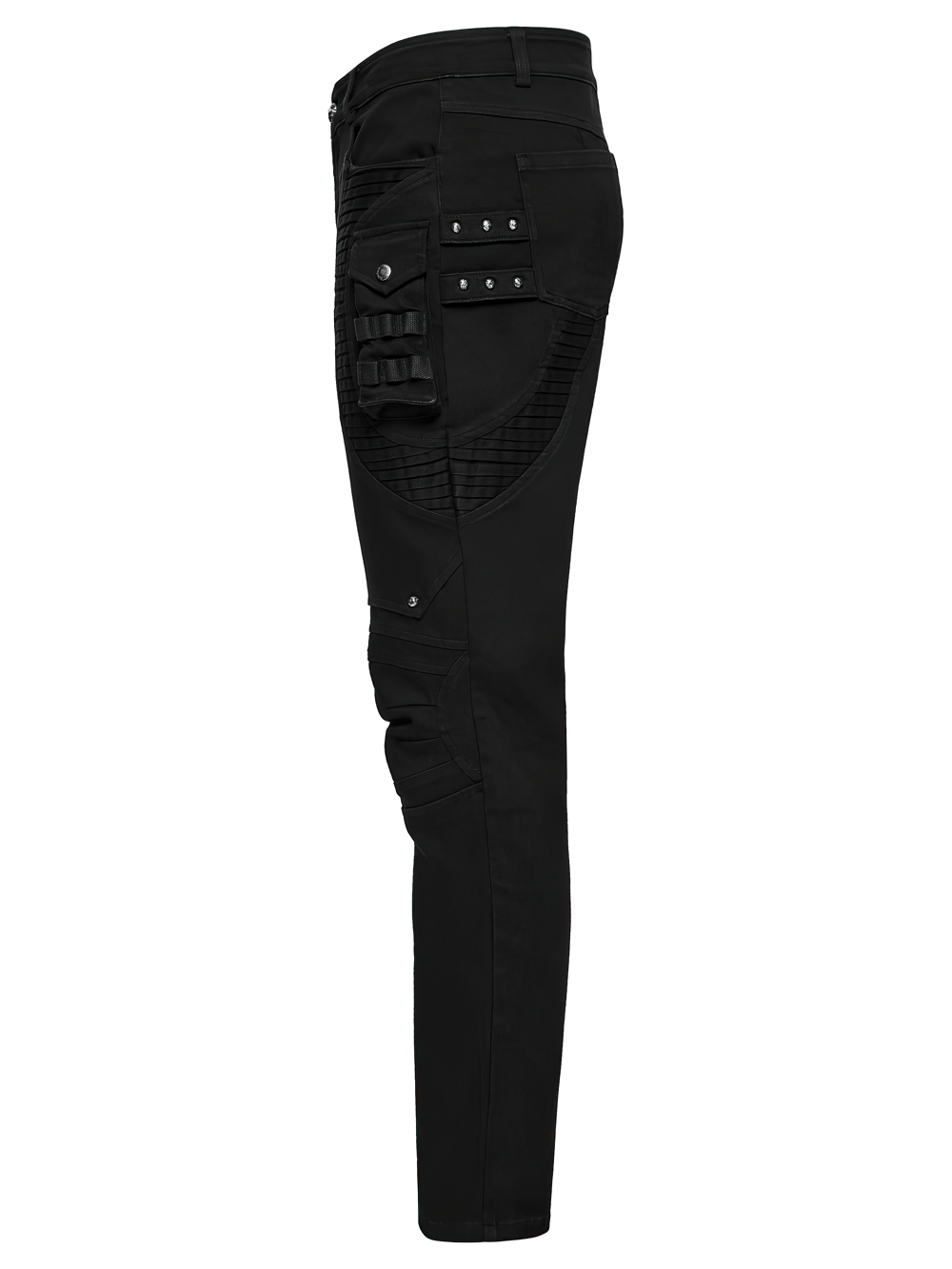 Stylish Black Cyberpunk Pleated Panel Techwear Pants showcasing bold 3D pleats and structural detailing.