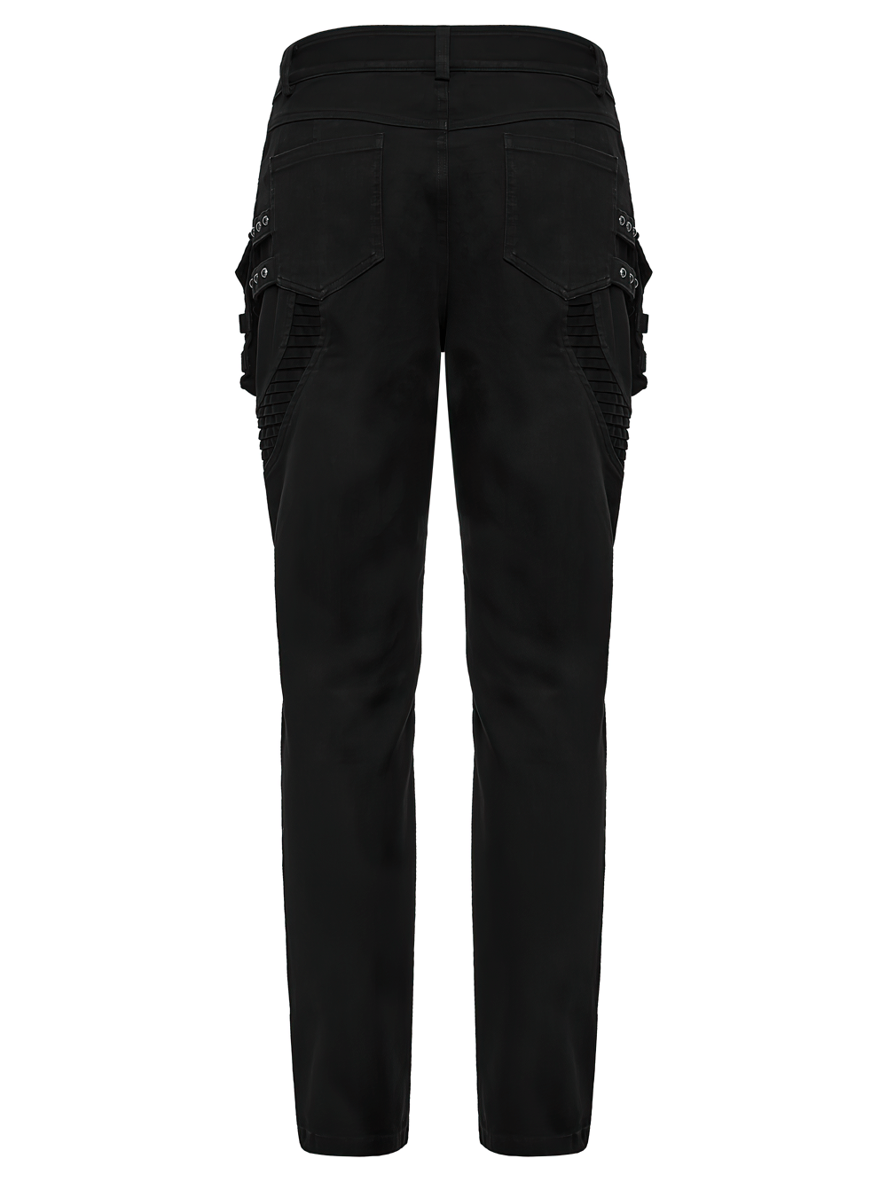Stylish Black Cyberpunk Pleated Panel Techwear Pants showcased from the back with 3D pleats and bold structure.