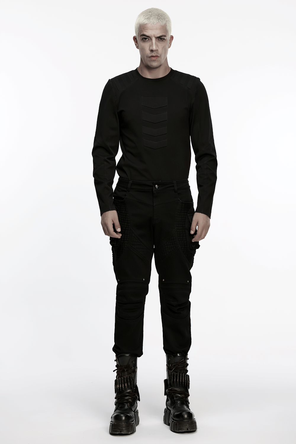 Stylish Black Cyberpunk Pleated Panel Techwear Pants worn with a sleek top and bold boots for a striking look.