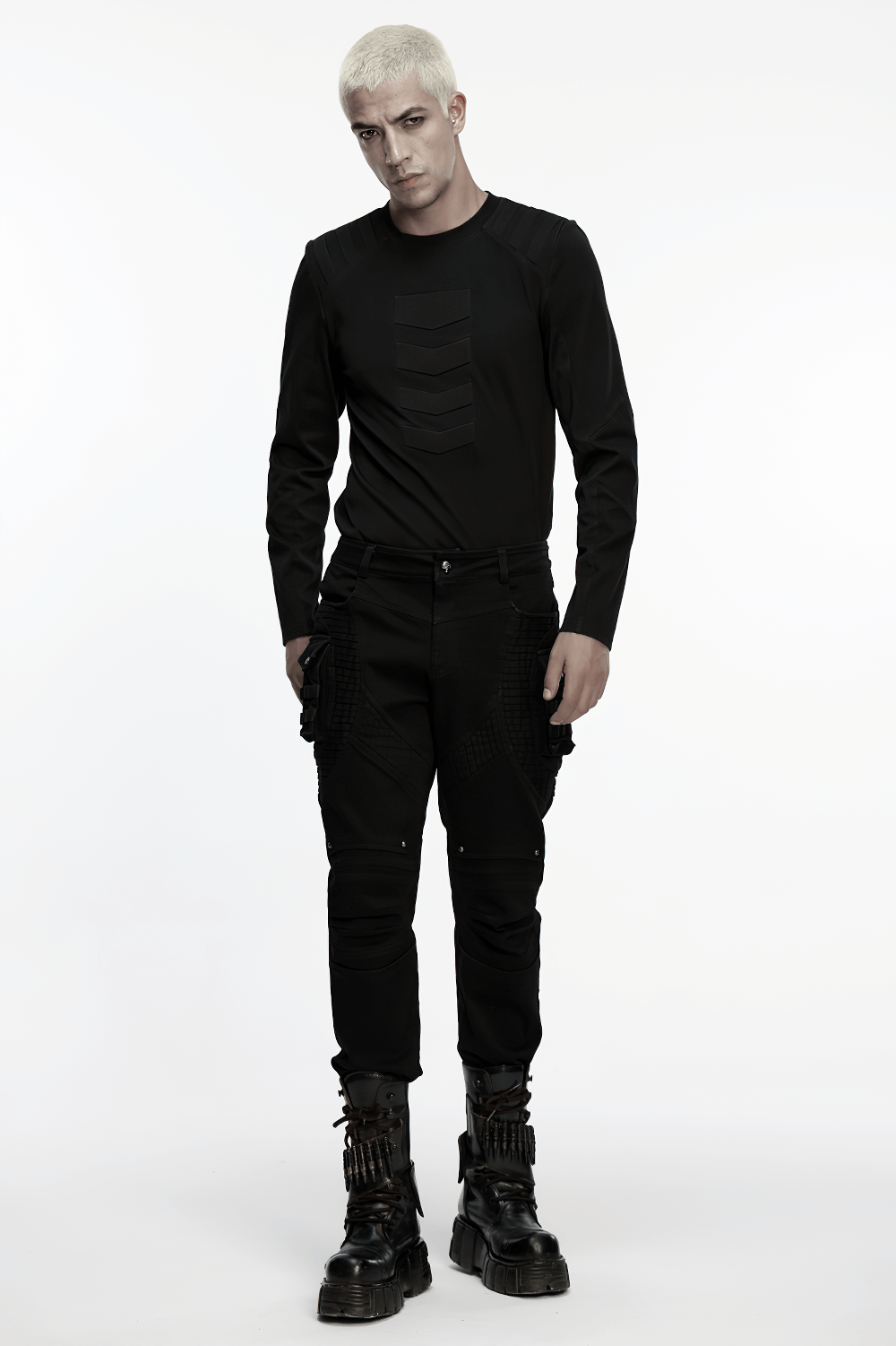 Stylish Black Cyberpunk Pleated Panel Techwear Pants worn with a fitted top, showcasing bold 3D pleating and a futuristic style.