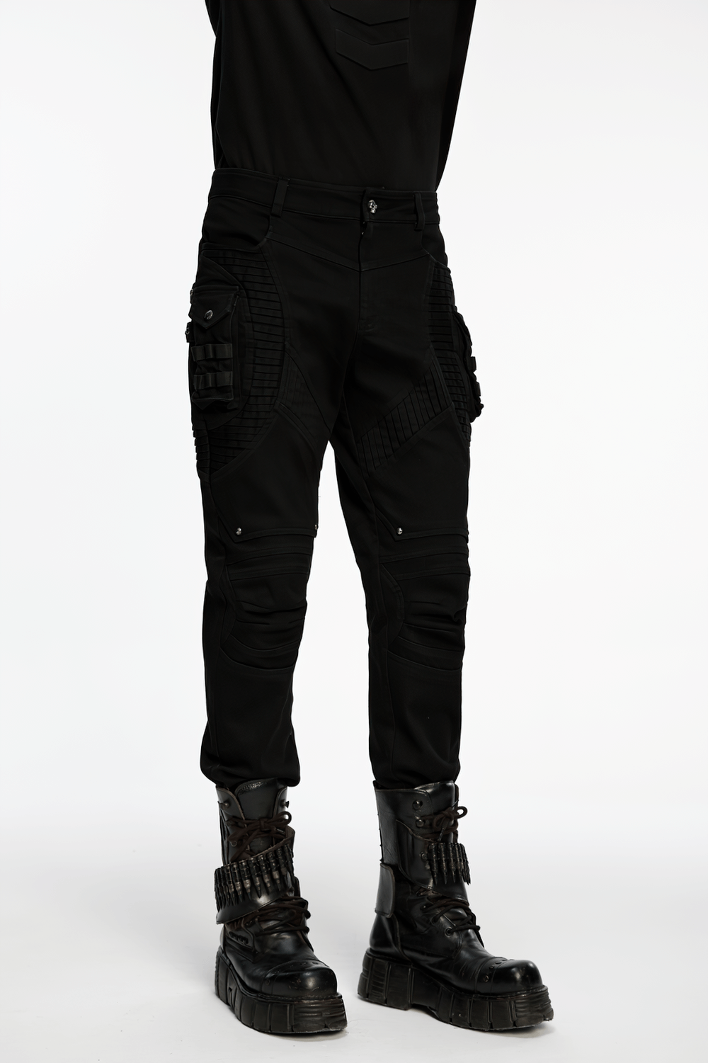 Stylish Black Cyberpunk Pleated Panel Techwear Pants showcasing bold structure and 3D pleating.