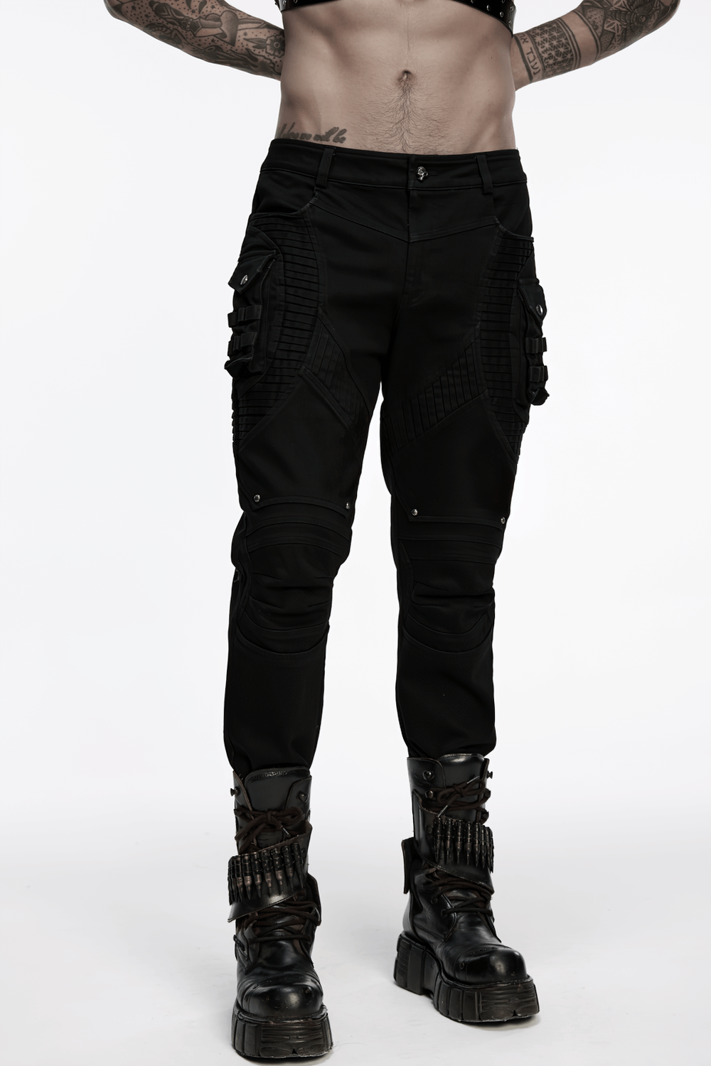 Stylish Black Cyberpunk Pleated Panel Techwear Pants with bold structure and 3D pleats.