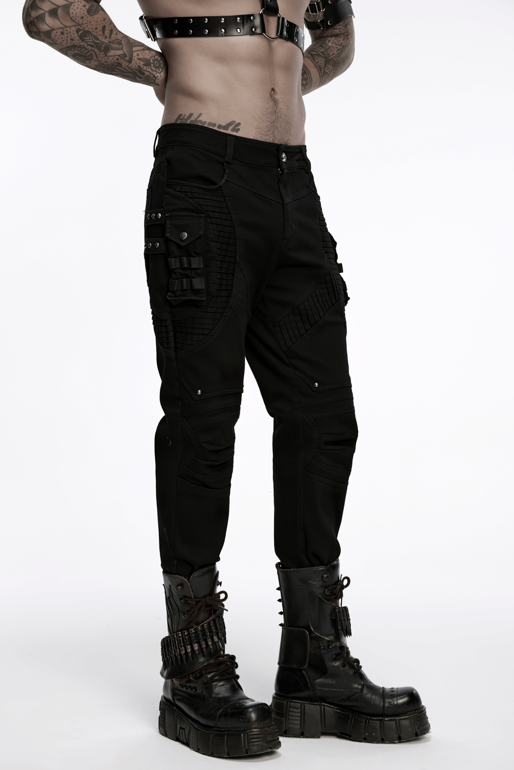 Stylish Black Cyberpunk Pleated Panel Techwear Pants showcasing punk style and bold design elements.