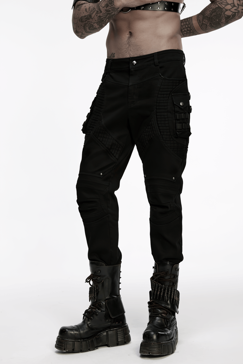 Stylish Black Cyberpunk Pleated Panel Techwear Pants showcased on model with tattoos and combat boots.