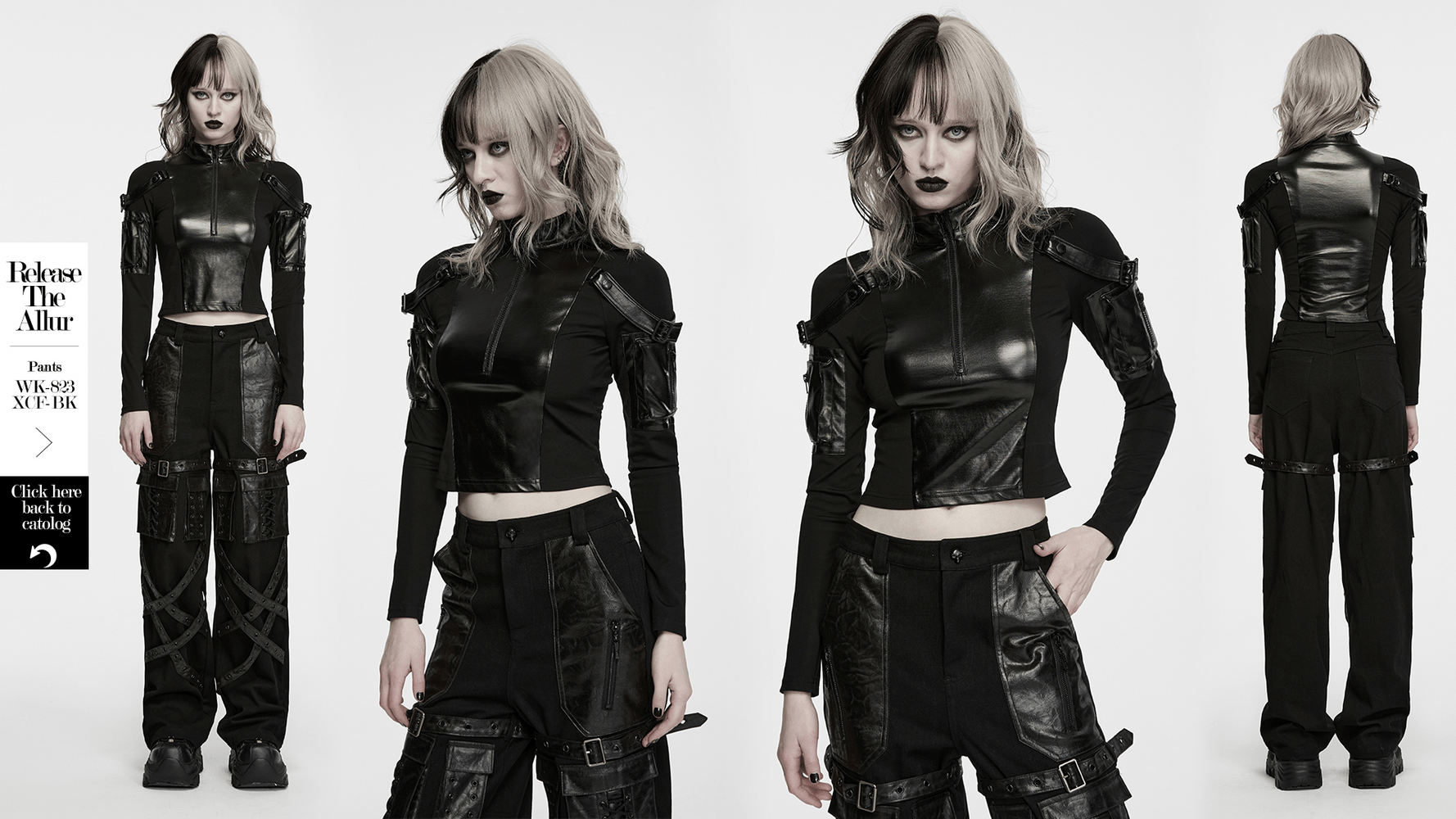 Stylish Black Cyberpunk Top with Utility Arm Pockets displayed with tactical details and cropped fit.