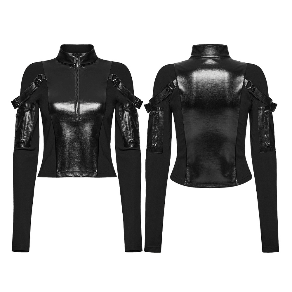 Stylish Black Cyberpunk Top with Utility Arm Pockets featuring buckled straps and a half-zip collar.