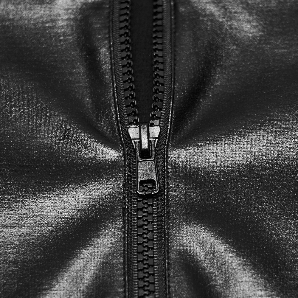 Close-up of the zipper on the Stylish Black Cyberpunk Top with Utility Arm Pockets, showcasing sleek design.