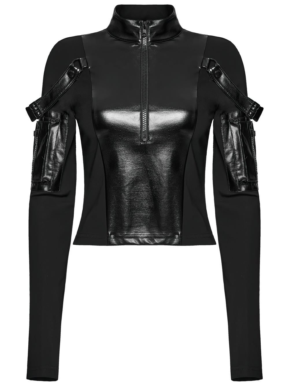 Stylish Black Cyberpunk Top with Utility Arm Pockets featuring buckled straps and pockets