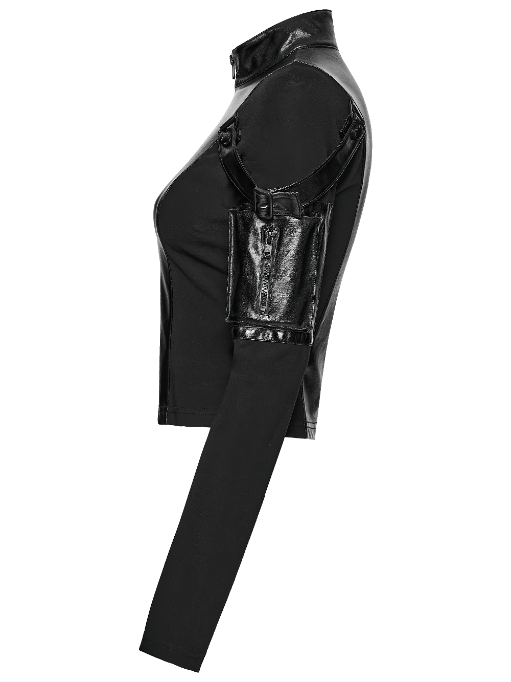 Stylish Black Cyberpunk Top with Utility Arm Pockets side view showcasing buckled arm straps and faux leather details.