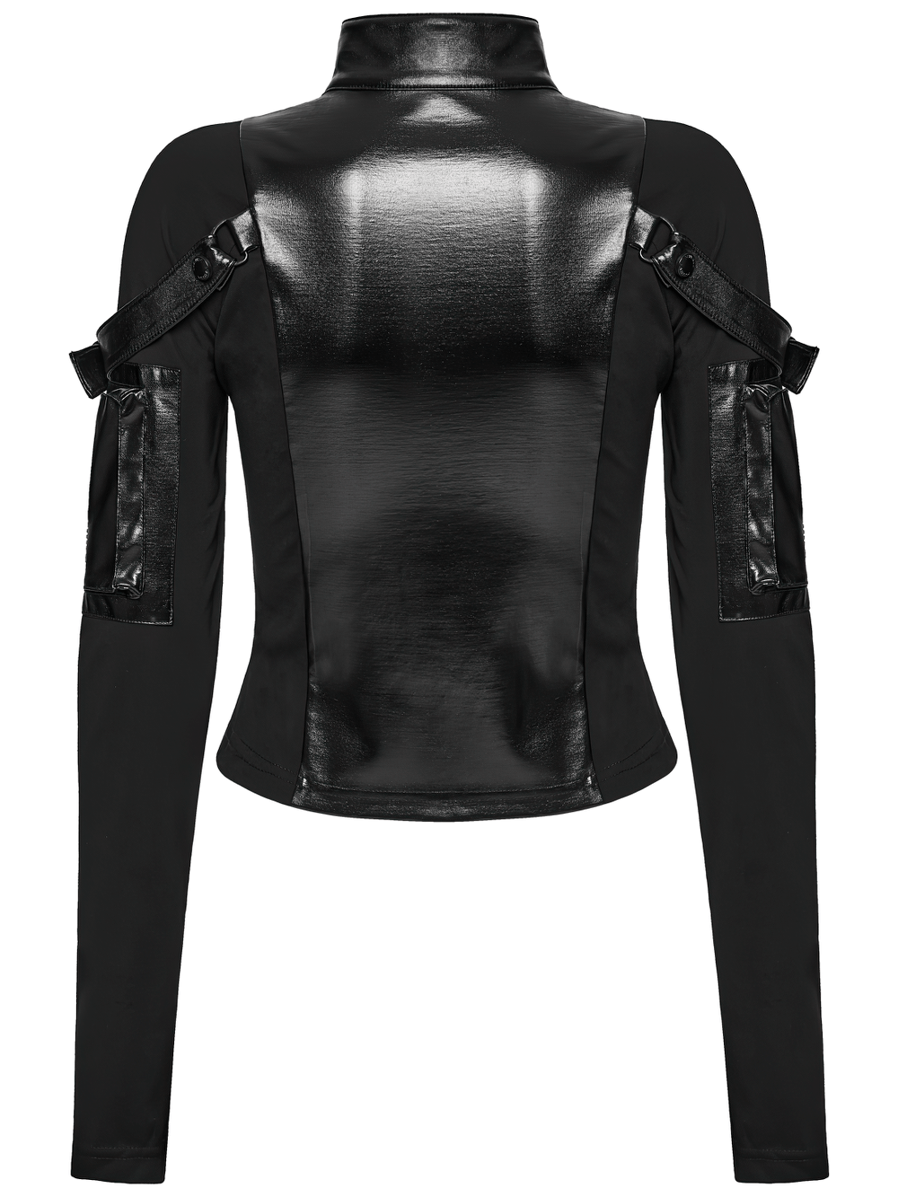 Stylish Black Cyberpunk Top with Utility Arm Pockets showcasing the back, featuring buckled straps and shiny faux leather.