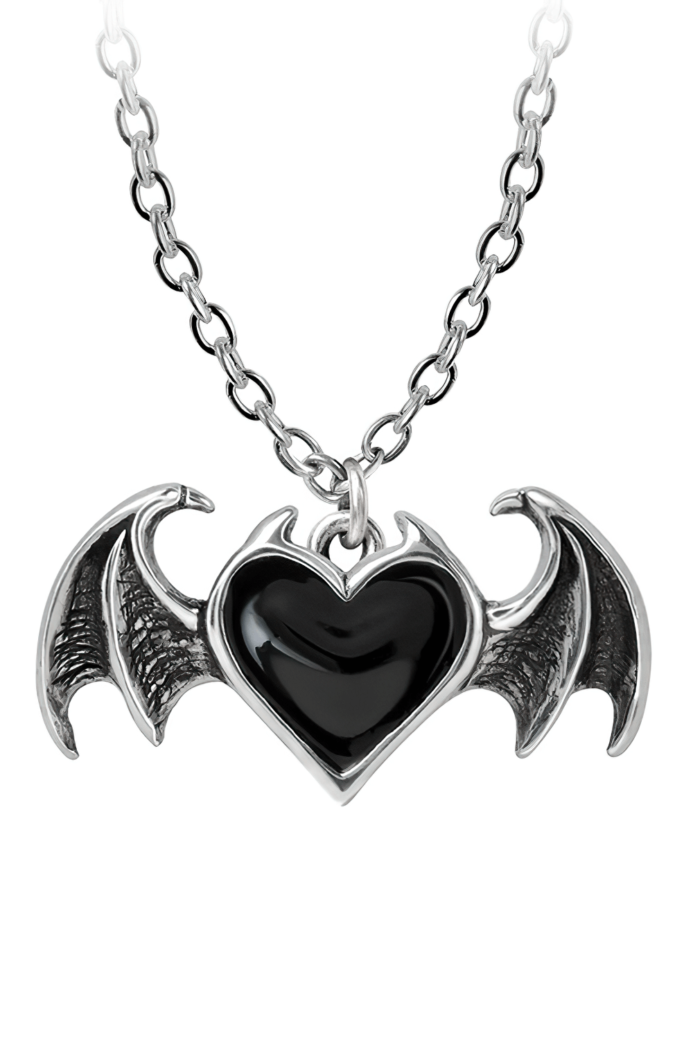 Stylish black demon heart pendant with bat wings in antiqued pewter, showcasing gothic elegance.
