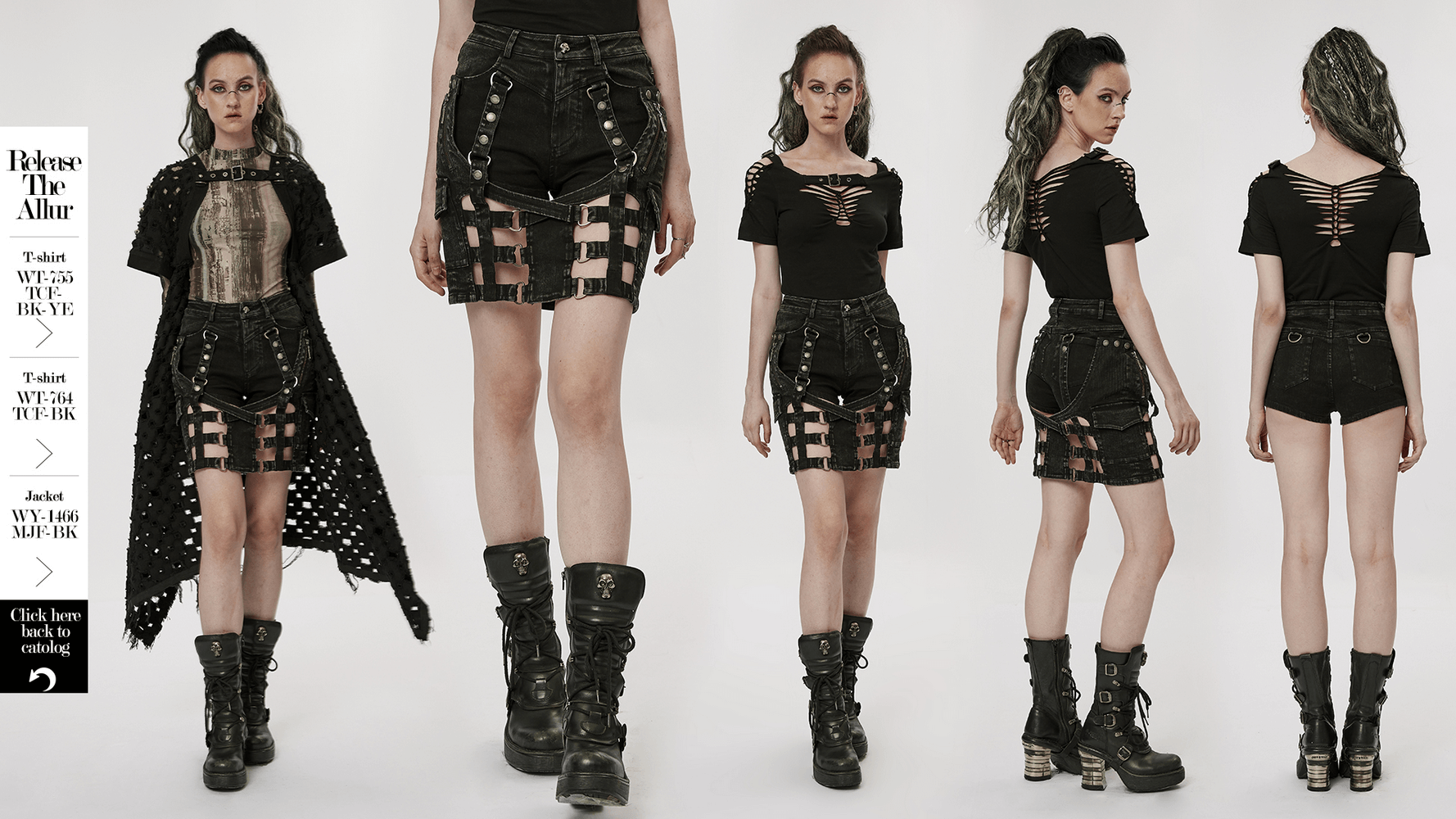 Stylish black denim shorts-skirt with punk aesthetic and unique hollow-out design, perfect for edgy fashion lovers.