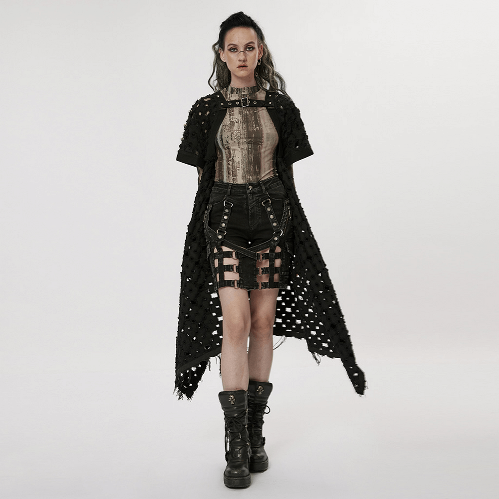 Stylish black denim shorts-skirt with punk fashion elements, featuring a detachable design and edgy hollow-out details.