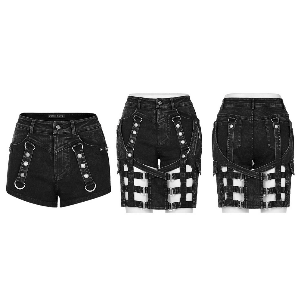 Stylish black denim shorts-skirt with unique hollow-out design and detachable skirt elements.