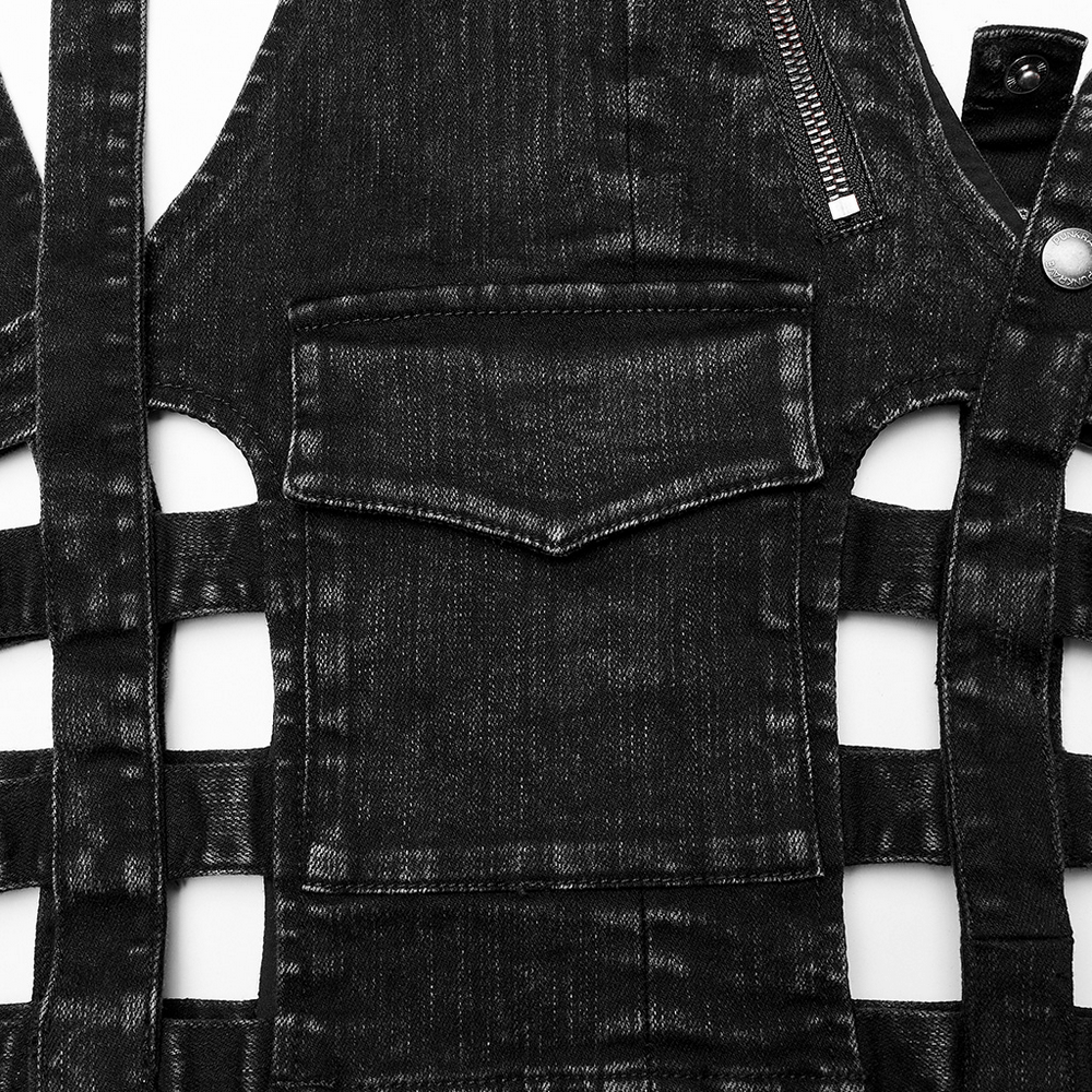 Close-up of stylish black denim shorts-skirt featuring a unique hollow-out design and detachable elements.