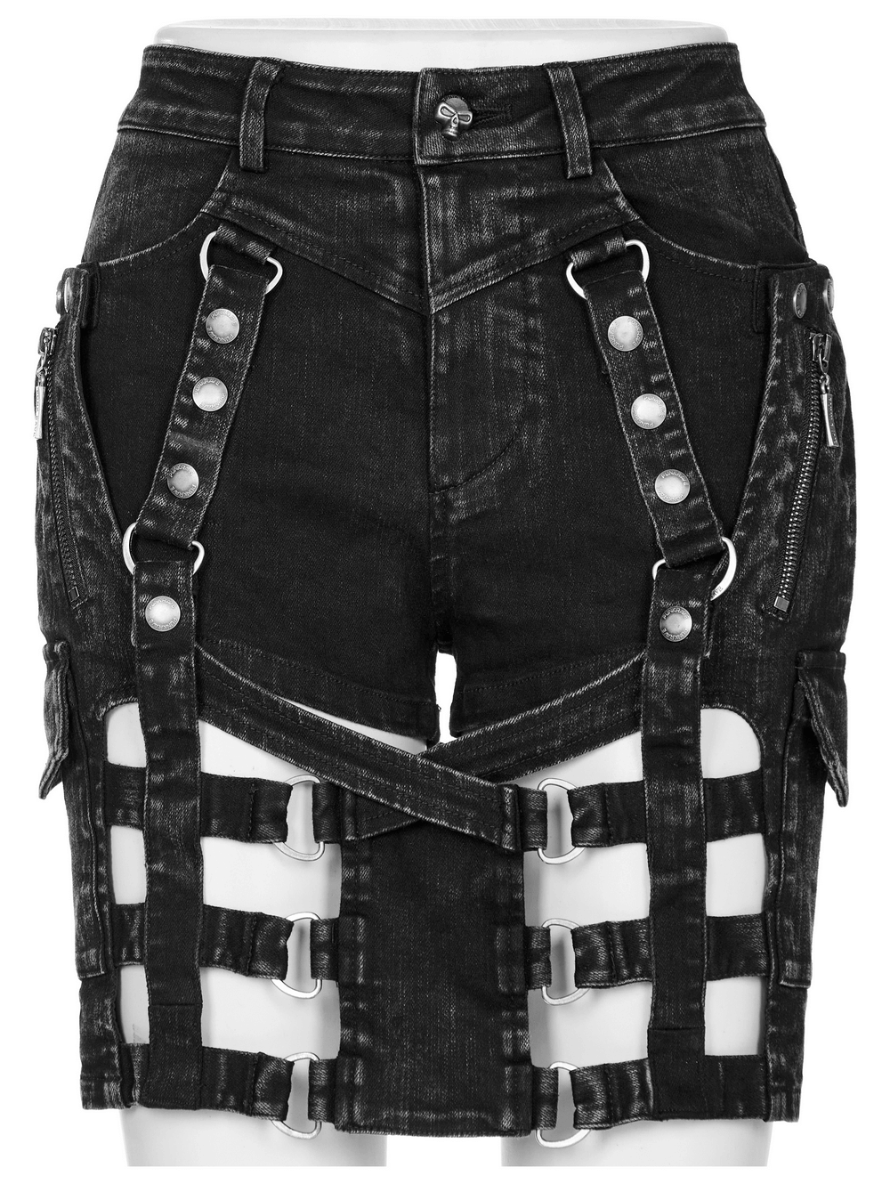 Stylish black denim shorts-skirt with edgy straps and hollow-out design for a punk look.