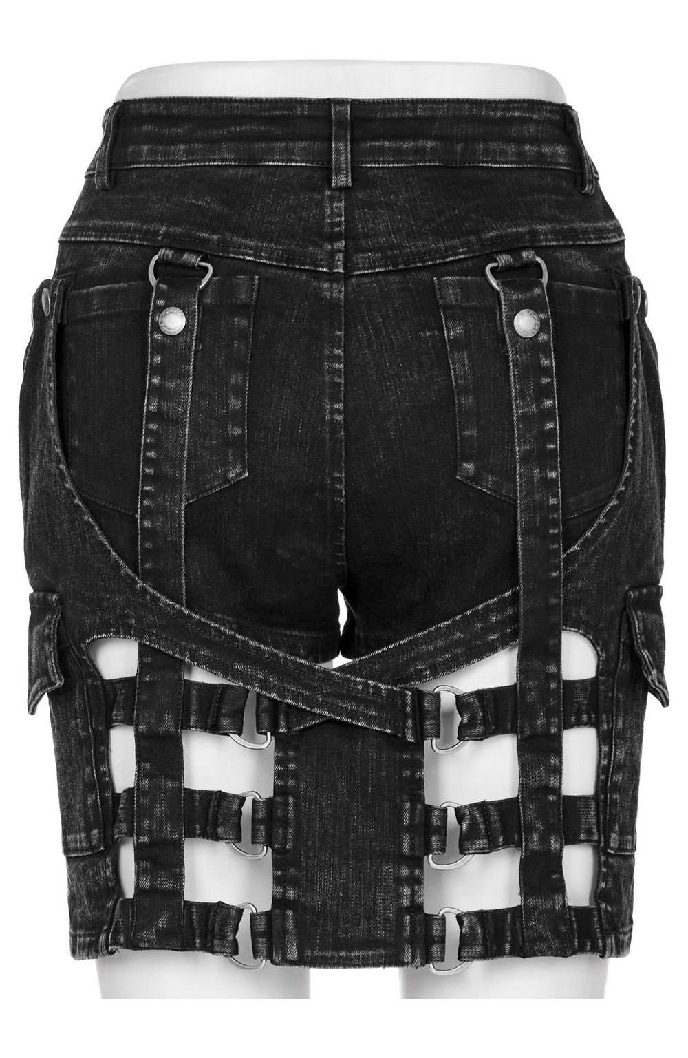 Stylish black denim shorts-skirt with unique hollow-out design and detachable straps, perfect for edgy punk looks.