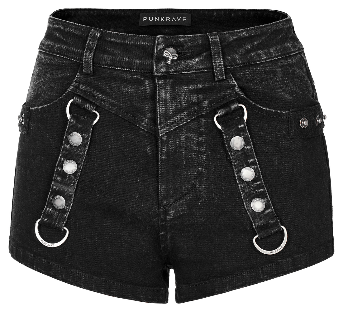 Stylish black denim shorts with detachable details, perfect for a punk-inspired wardrobe.