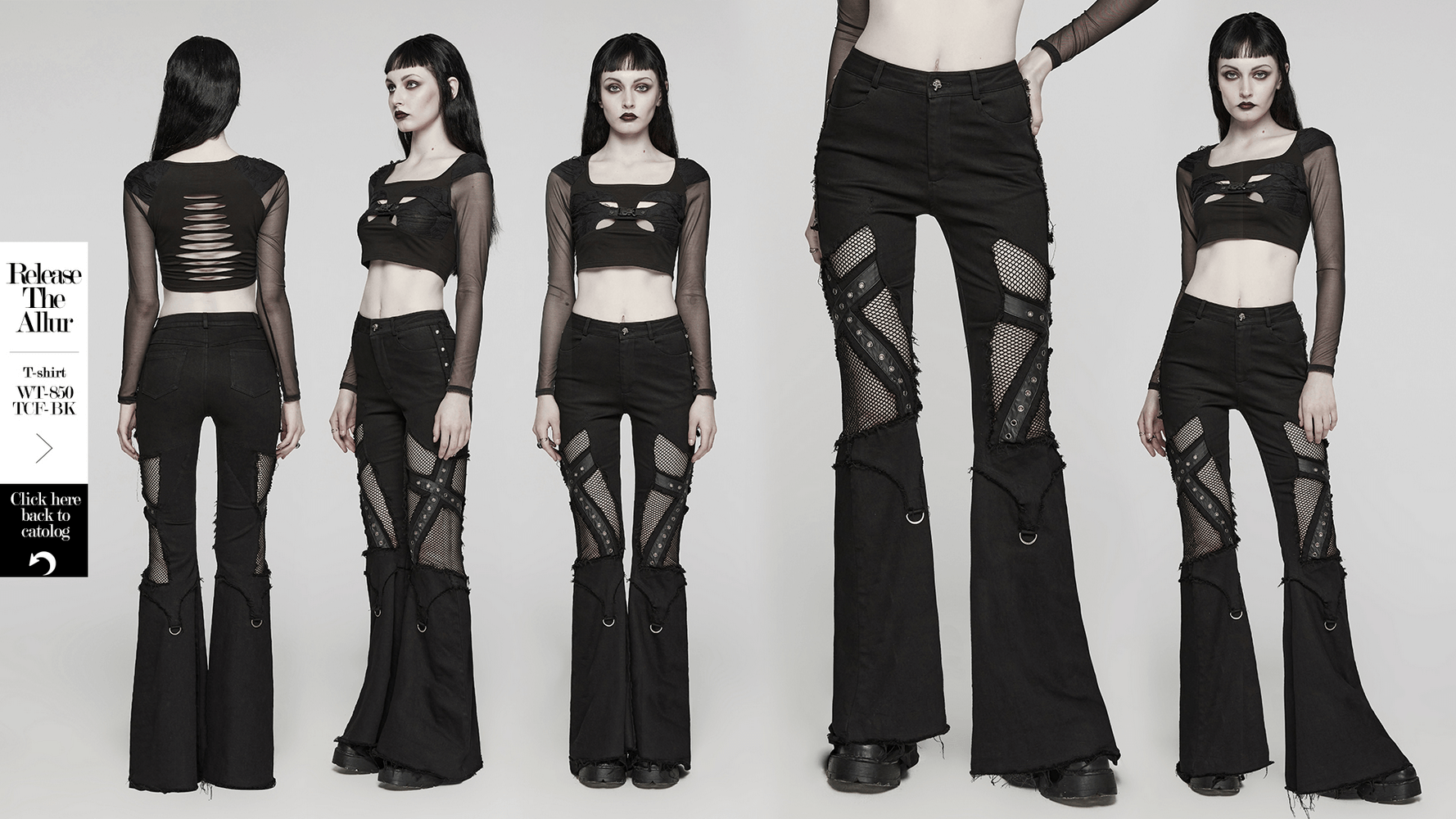 Edgy black destroyed punk cross flare jeans with frayed details and mesh panels, styled with a cropped top.